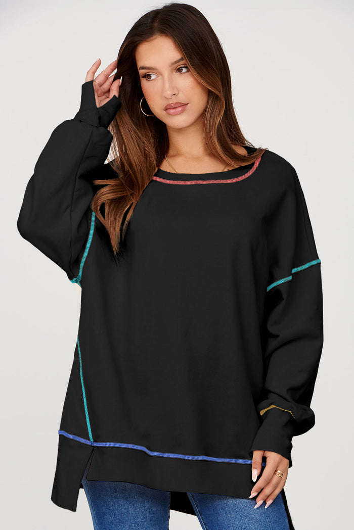 Black Contrast Stitching Split Baggy Sweatshirt - Tops/Sweatshirts & Hoodies