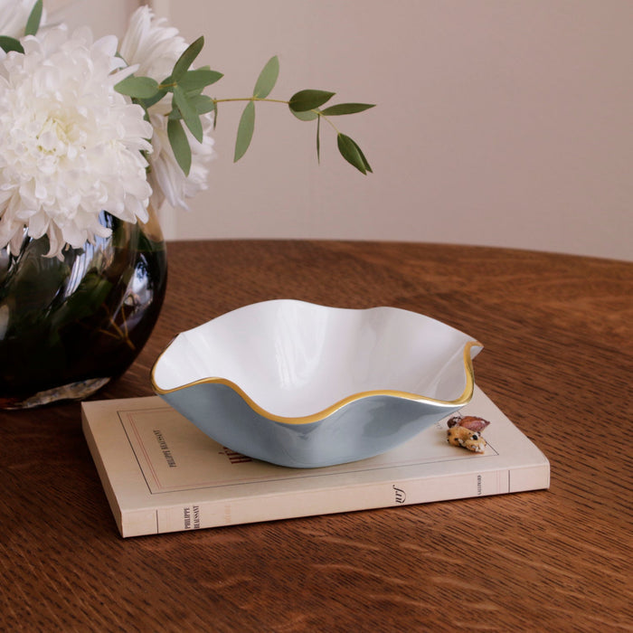 Beatriz Ball Encanto Carola Small Round Bowl Slate and White — With a small serving of nuts and a separate flower vase