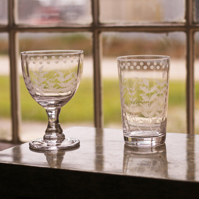Beatriz Ball Glass Fern with Dots All Purpose — With a separate taller Fern tumbler beside a window
