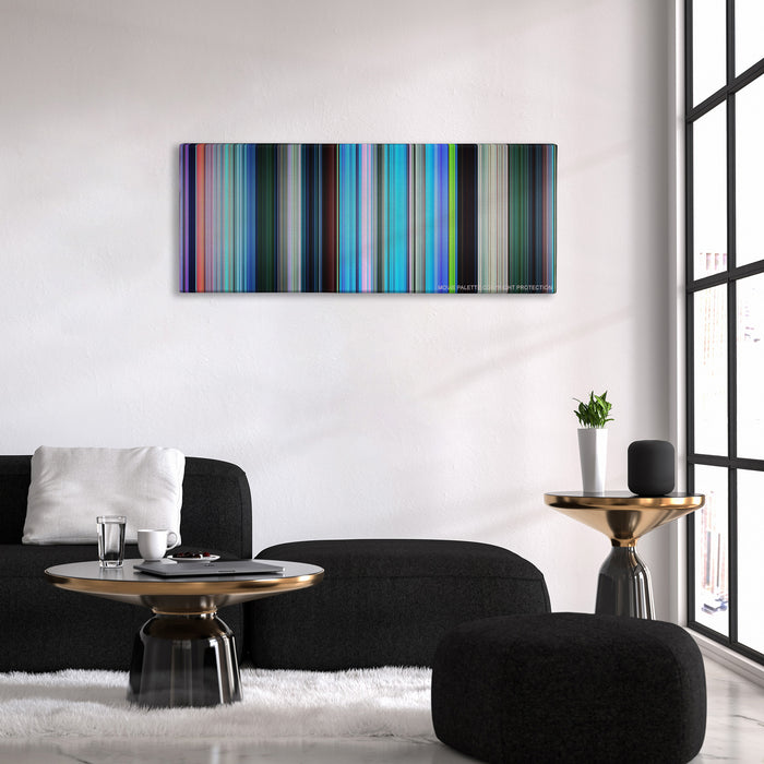 Finding Nemo color palette canvas above a black sofa with a gold-topped table