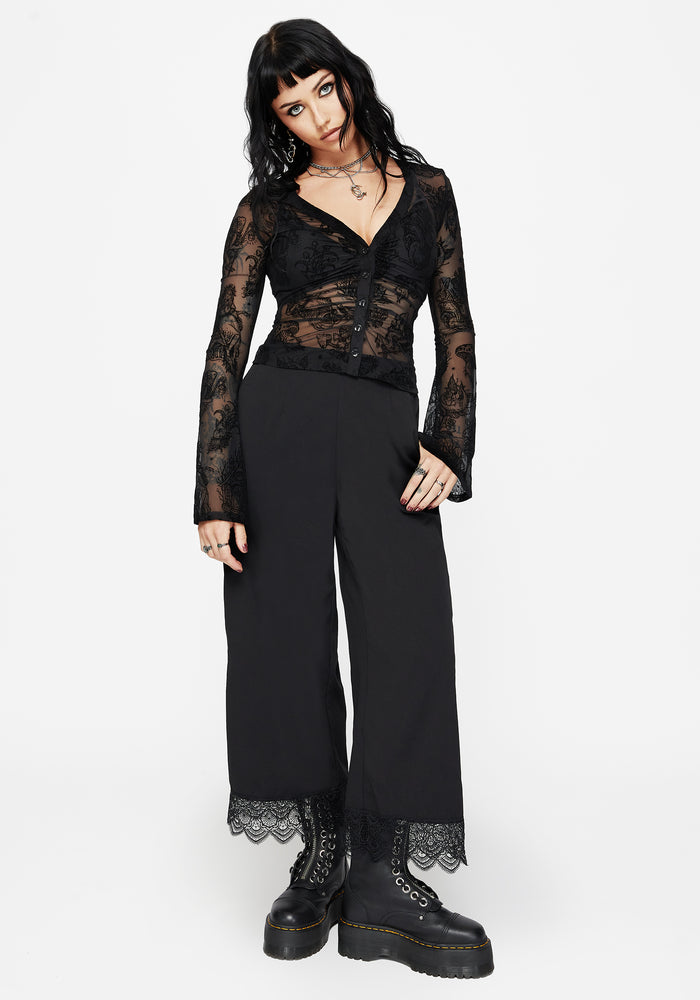 Hexborn Baba Yaga Flocked Button Down Mesh Top