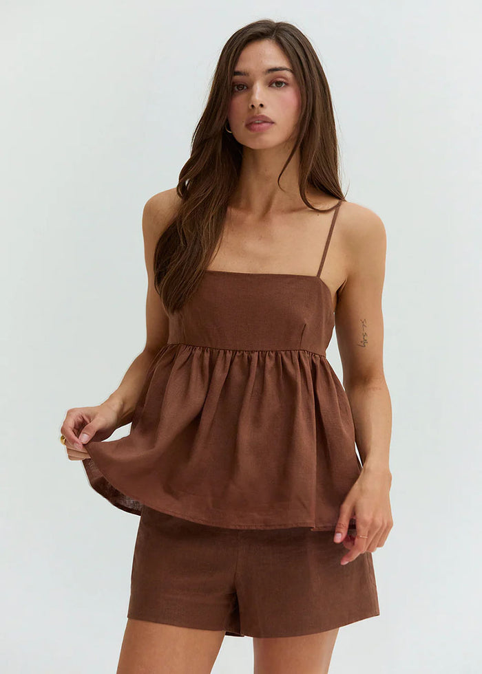Isla Linen Tie Babydoll Top - Brown