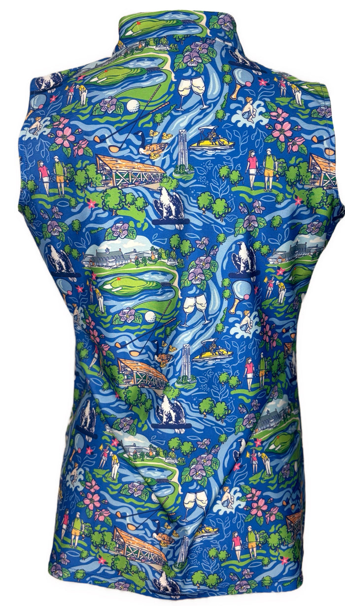 Katherine Way Blue Golfer Print Sleeveless Golf Top Size S MSP$128