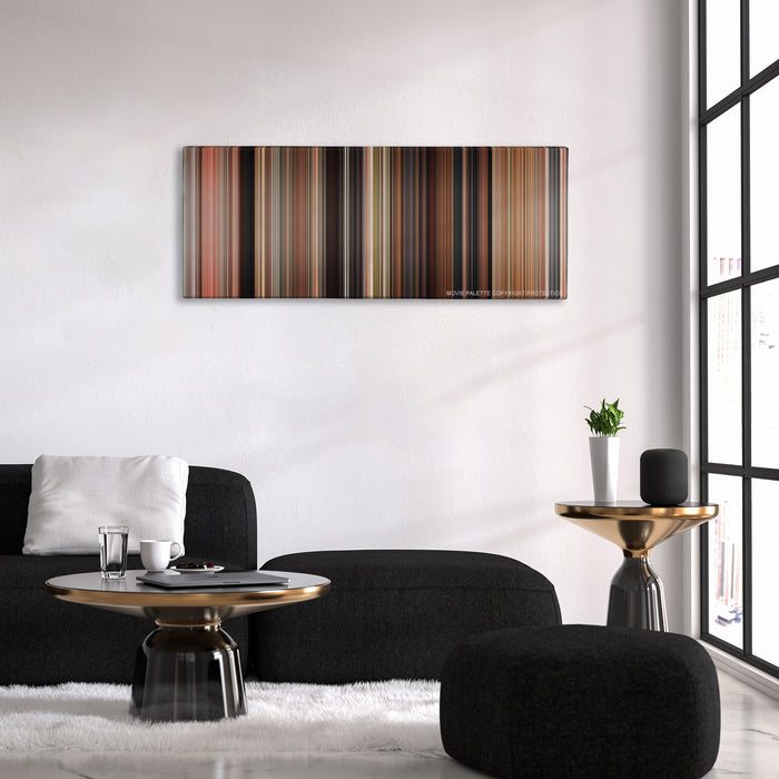 Knight and Day color palette canvas above a black sofa with a gold-topped table