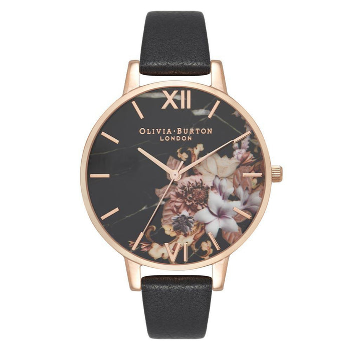 Olivia Burton Marble Black Leather Floral Dial Women's Watch - OB16CS01