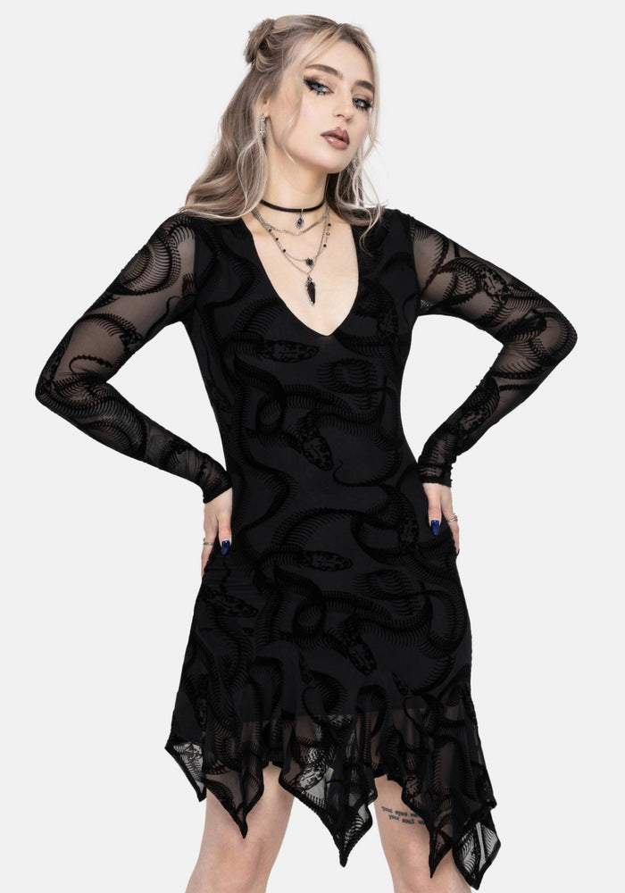 Paleo Flocked Mesh Skeletal Snake Asymmetric Hanky Hem Mini Dress