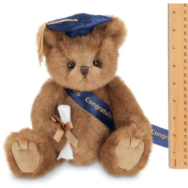 Plush Stuffed Graduation Teddy Bear Smarty in Blue Cap Measuring Vertically