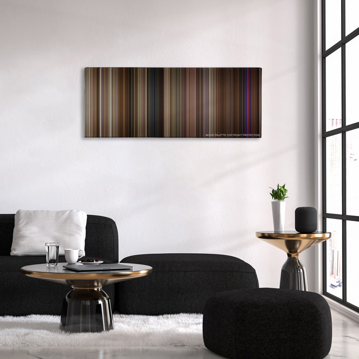 Silver Linings Playbook color palette canvas above a black sofa with a gold-topped table