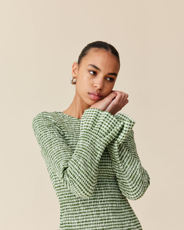 SKY SHIRRED LONG SLEEVE FOREST GINGHAM