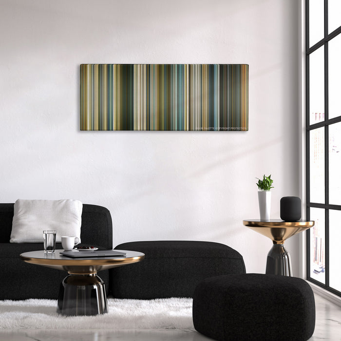 Slumdog Millionaire color palette canvas above a black sofa with a gold-topped table