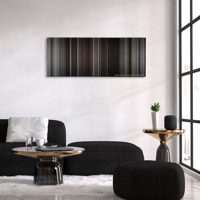 The Great Escape color palette canvas above a black sofa with a gold-topped table