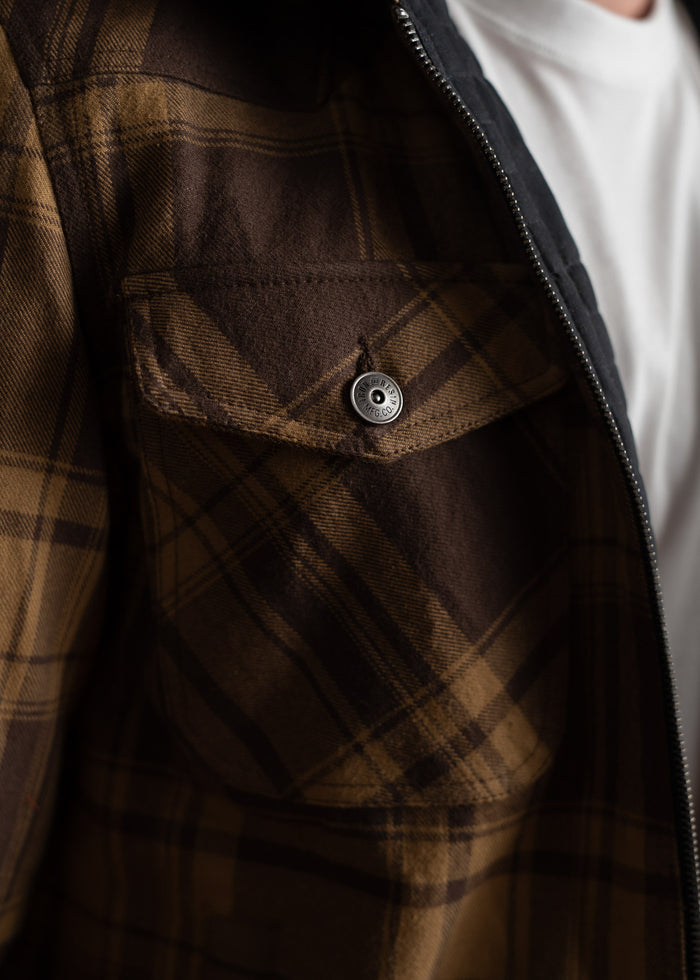 Close-up of a brown plaid jacket with a buttoned pocket, worn over a white shirt, highlighting the fabric's texture and pattern.