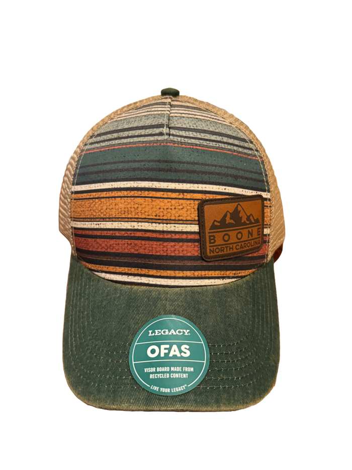 Waypoint Boone trucker hat with green brim and earth-tone woven front