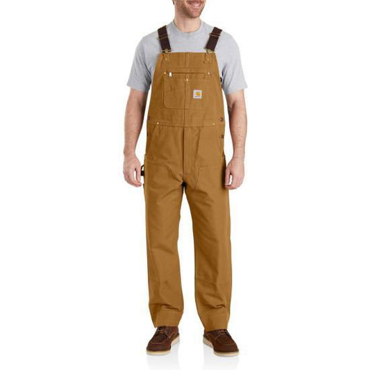 Carhartt duck canvas bib overalls in brown, available in extended waist and length sizes