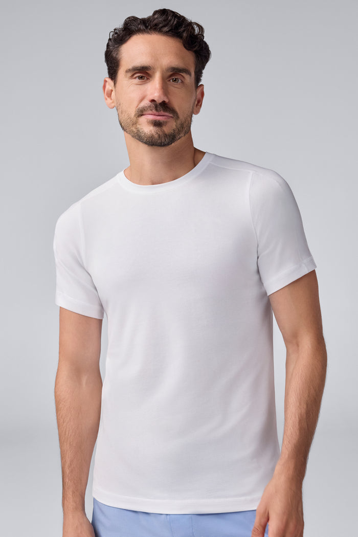 Front view of a man wearing 18-Hour Jersey Crew Neck Undershirt in Bright White