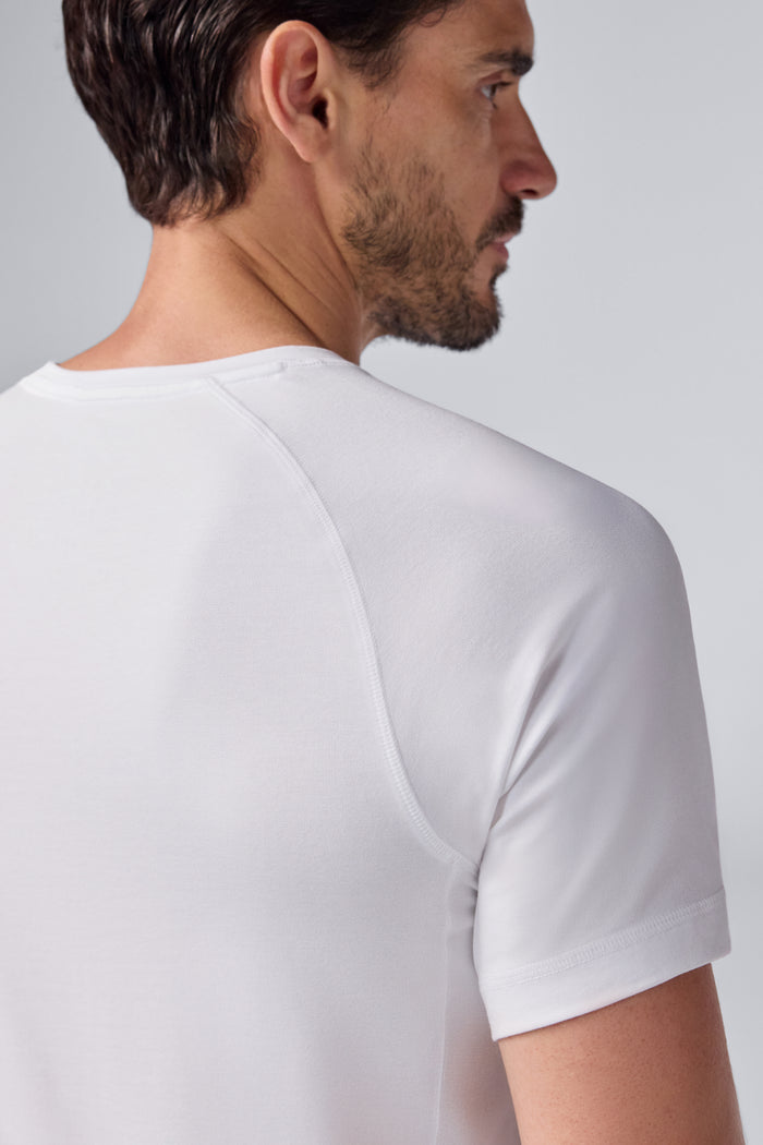 Detailed back view of 18-Hour Jersey Crew Neck Undershirt in Bright White