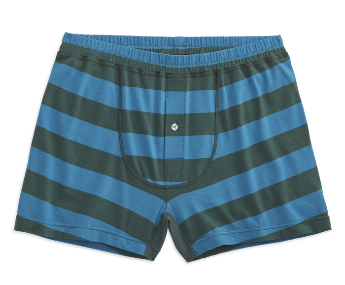 Green Briar / Danube Lighthouse Stripe | Front view of 18-Hour Jersey Knit Boxer in Green Briar / Danube Lighthouse Stripe