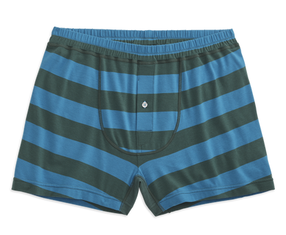 Green Briar / Danube Lighthouse Stripe | Front view of 18-Hour Jersey Knit Boxer in Green Briar / Danube Lighthouse Stripe