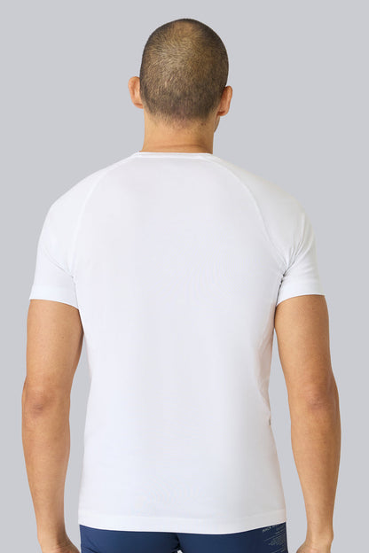 Back view of a man wearing 18HR V-neck Undershirt in Bright White