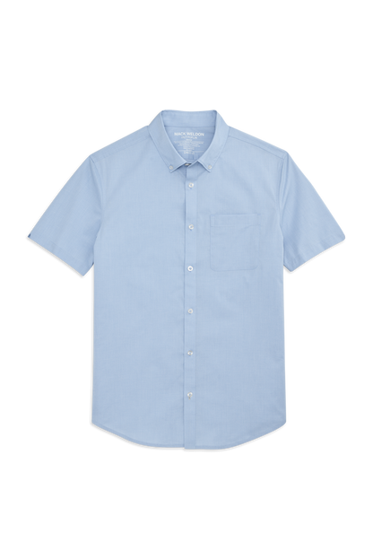 Front view of 24/7 Poplin Short Sleeve Shirt in Chambray Crosshatch