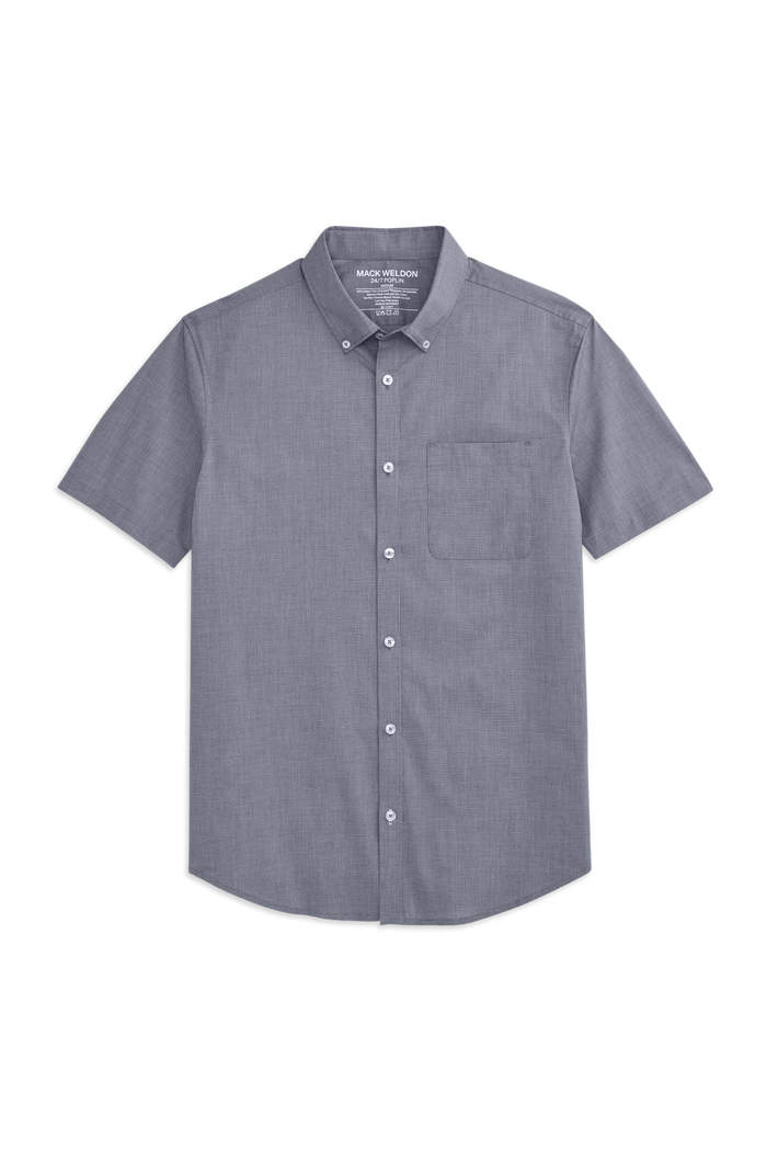 Front view of 24/7 Poplin Short Sleeve Shirt in True Navy Crosshatch