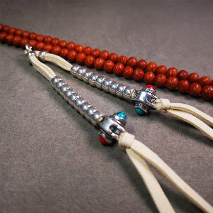 5-7mm Brass Prayer Bead Counters with agate Pendant - Tibetan Buddhist art, detailed view