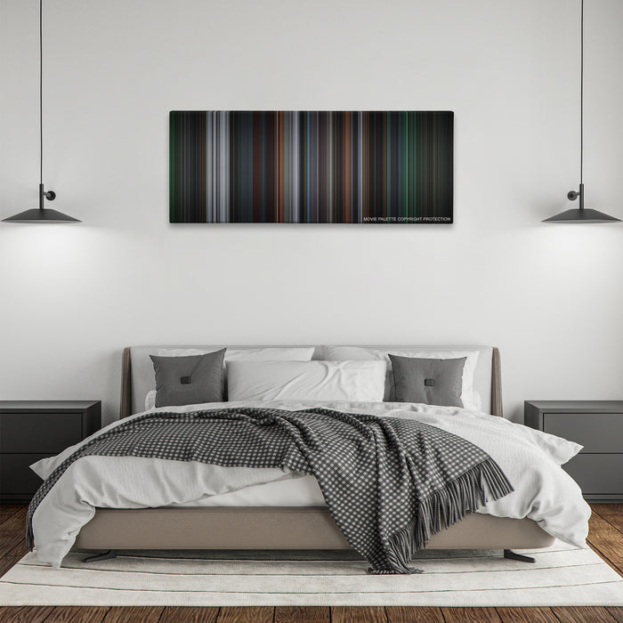 8 Mile color palette canvas above a bed, between two black pendant lamps