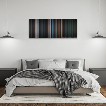 8 Mile color palette canvas above a bed, between two black pendant lamps