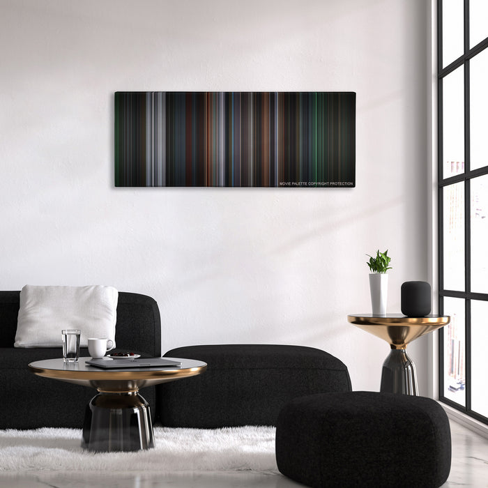 8 Mile color palette canvas above a black sofa with a gold-topped table