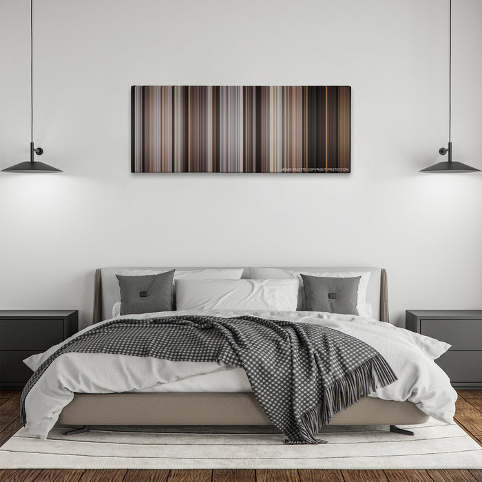 A Bronx Tale color palette canvas above a bed, between two black pendant lamps