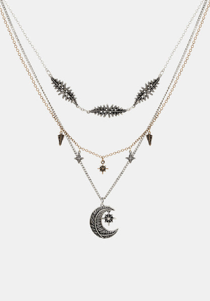 Abellona Moon Fern Layered Charm Necklace