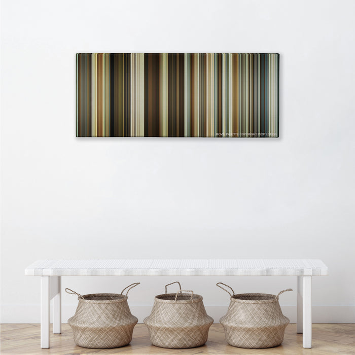 About Time color palette canvas above a white bench with three woven baskets