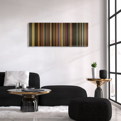 Across the Universe color palette canvas above a black sofa with a gold-topped table