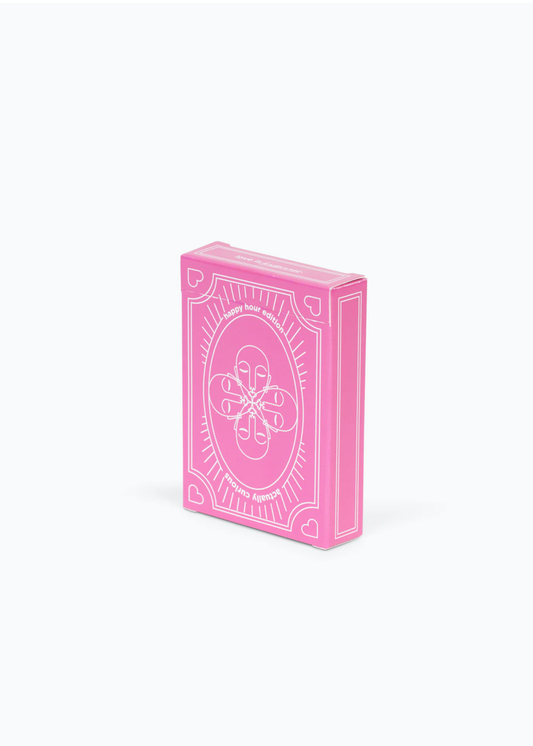 A pink box of cards with white designs on a white background