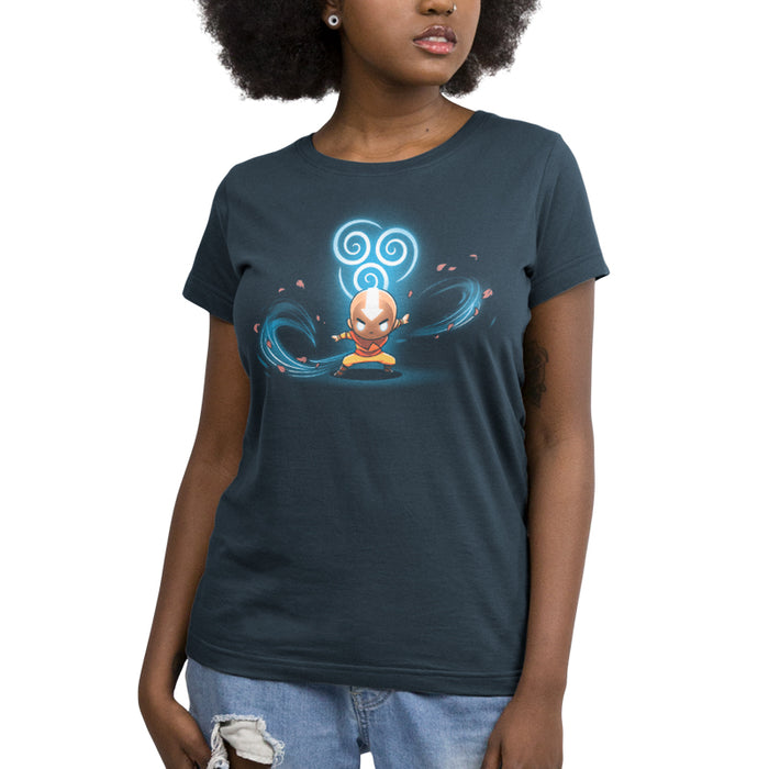 Premium Cotton T-shirt_TeeTurtle denim blue Air Nomads apparel featuring Aang in Avatar state with the air symbol and swirling winds in the background.