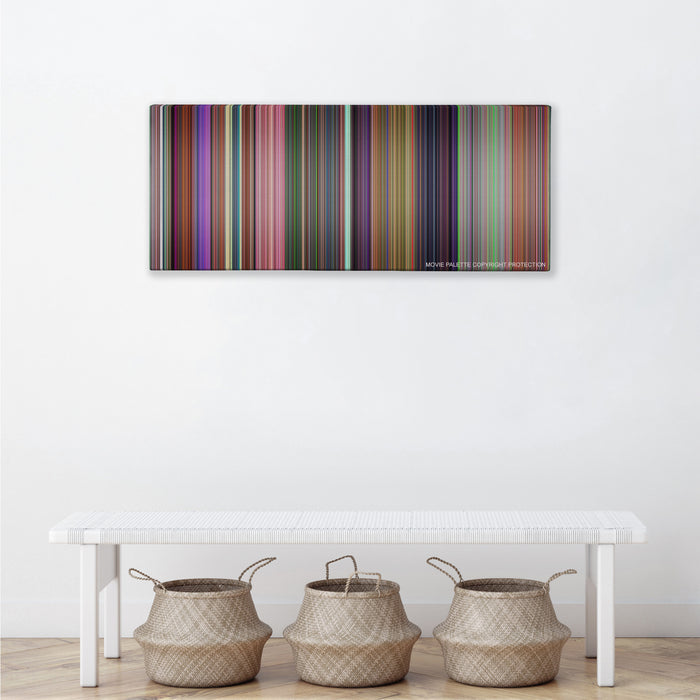 Alice in Wonderland color palette canvas above a white bench with three woven baskets