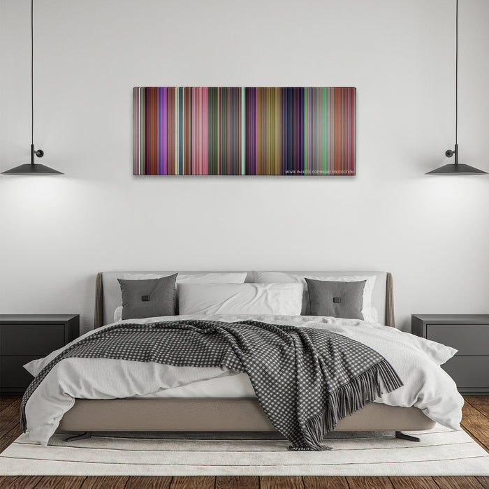 Alice in Wonderland color palette canvas above a bed, between two black pendant lamps