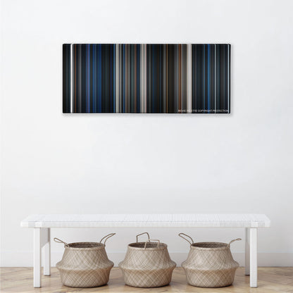 Alien color palette canvas above a white bench with three woven baskets