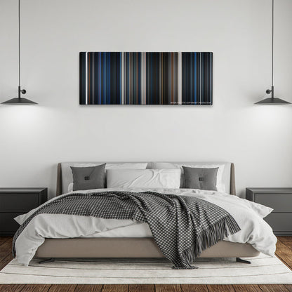 Alien color palette canvas above a bed, between two black pendant lamps
