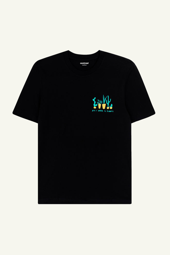 Contrast All I Need Is Plants graphic t-shirt in Black, organic cotton designer graphic tee with botanical print.