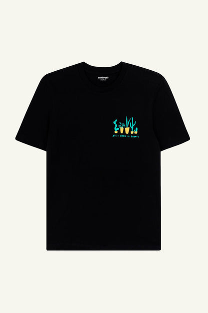 Contrast All I Need Is Plants graphic t-shirt in Black, organic cotton designer graphic tee with botanical print.