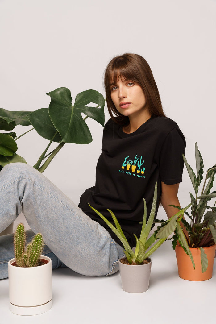 Organic tee shirts by Contrast, All I Need Is Plants t-shirt graphic design for urban gardeners.