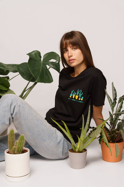 Organic tee shirts by Contrast, All I Need Is Plants t-shirt graphic design for urban gardeners.