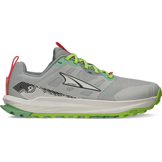 Altra Lone Peak 9 women's trail-running shoe in Gray/Lime, medial side view