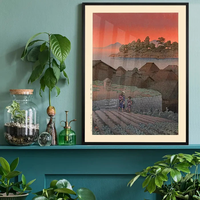 Amakusa Print by Hasui Kawase, Japanese woodblock print black framed on a living room shelf