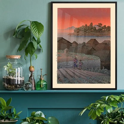 Amakusa Print by Hasui Kawase, Japanese woodblock print black framed on a living room shelf
