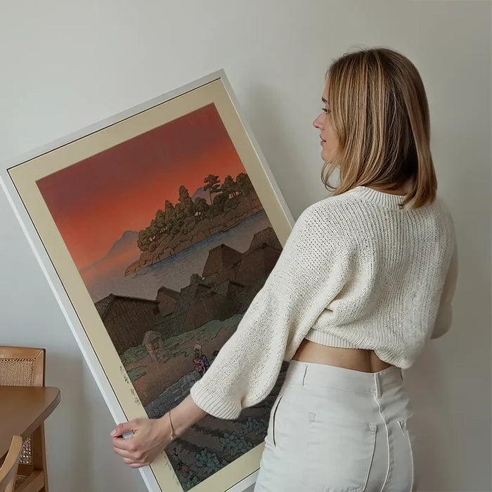 Amakusa Print by Hasui Kawase held up against a living room wall