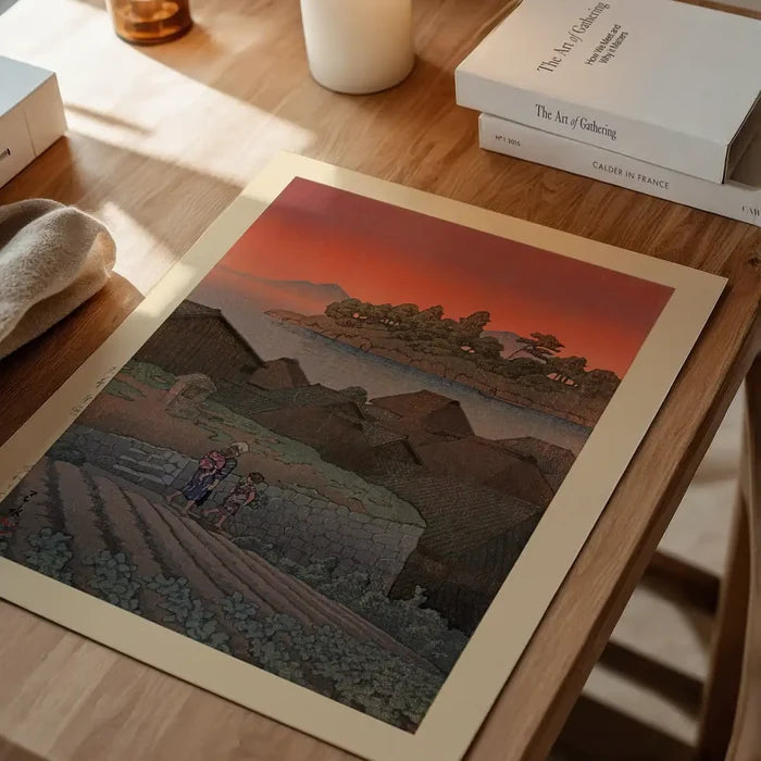 Amakusa Print by Hasui Kawase, Japanese woodblock print unframed on a home office desk