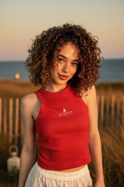 Red ribbed tank, racerback tank top, 4th of July outfit, summer essentials, coastal chic, patriotic clothing, micro rib tank, American Original tank, women's summer fashion, boutique red tank.