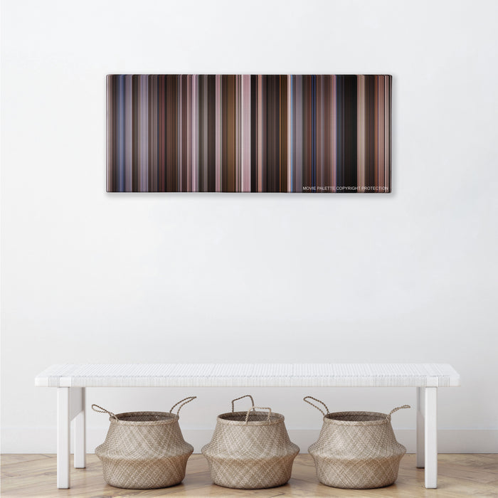 An Education color palette canvas above a white bench with three woven baskets